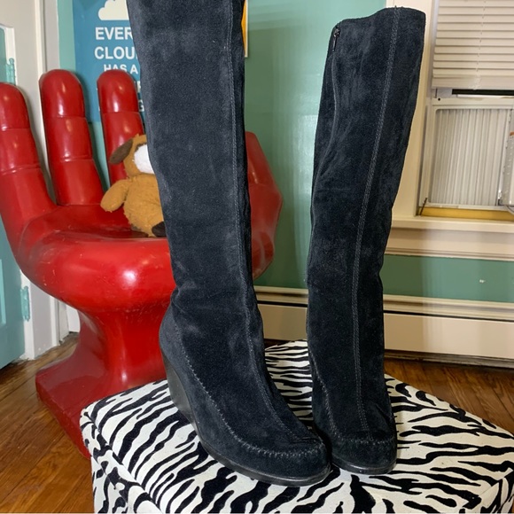 Tall Black Wedge Heeled Boots - Picture 2 of 5